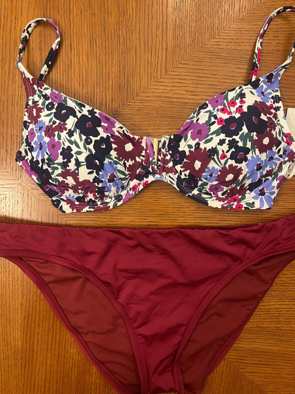 Floral Underwire Bikini Top with Burgundy Swim Bottoms - Women Swim B18